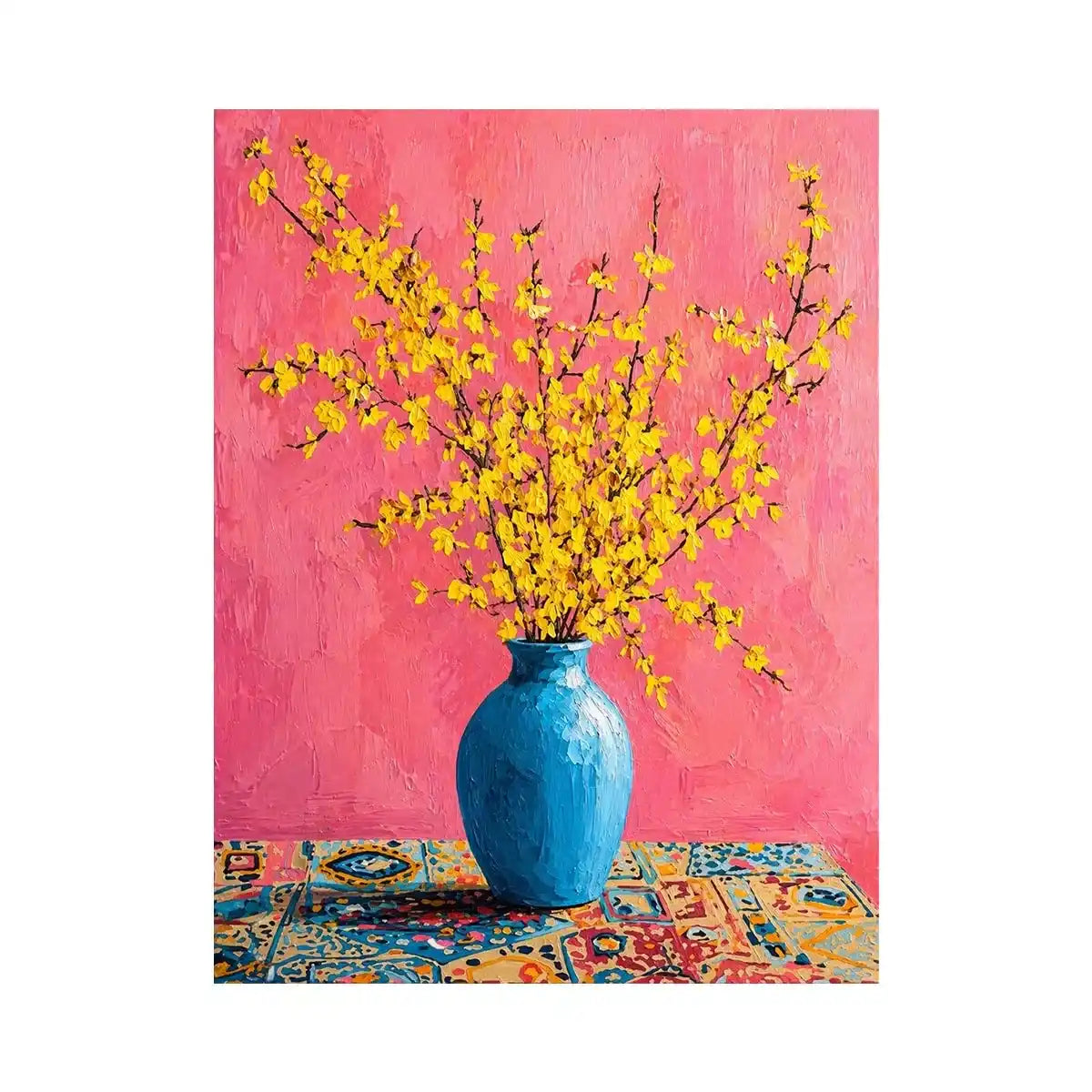yellow flowers in blue vase on pink background modern floral Canvas Print