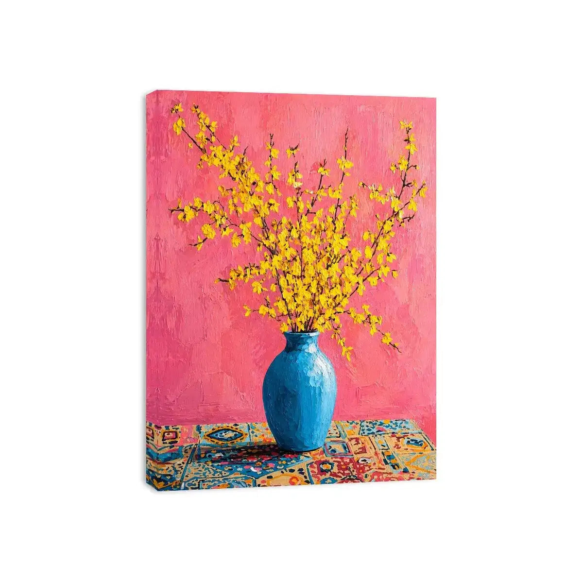 yellow flowers in blue vase on pink background modern floral Canvas Print