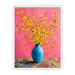 yellow flowers in blue vase on pink background modern floral Canvas Print