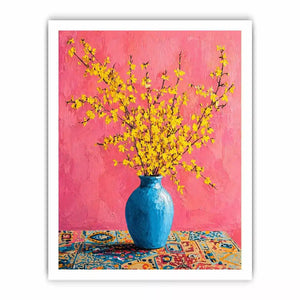 yellow flowers in blue vase on pink background modern floral Canvas Print