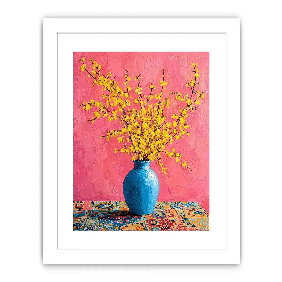 yellow flowers in blue vase on pink background modern floral Canvas Print