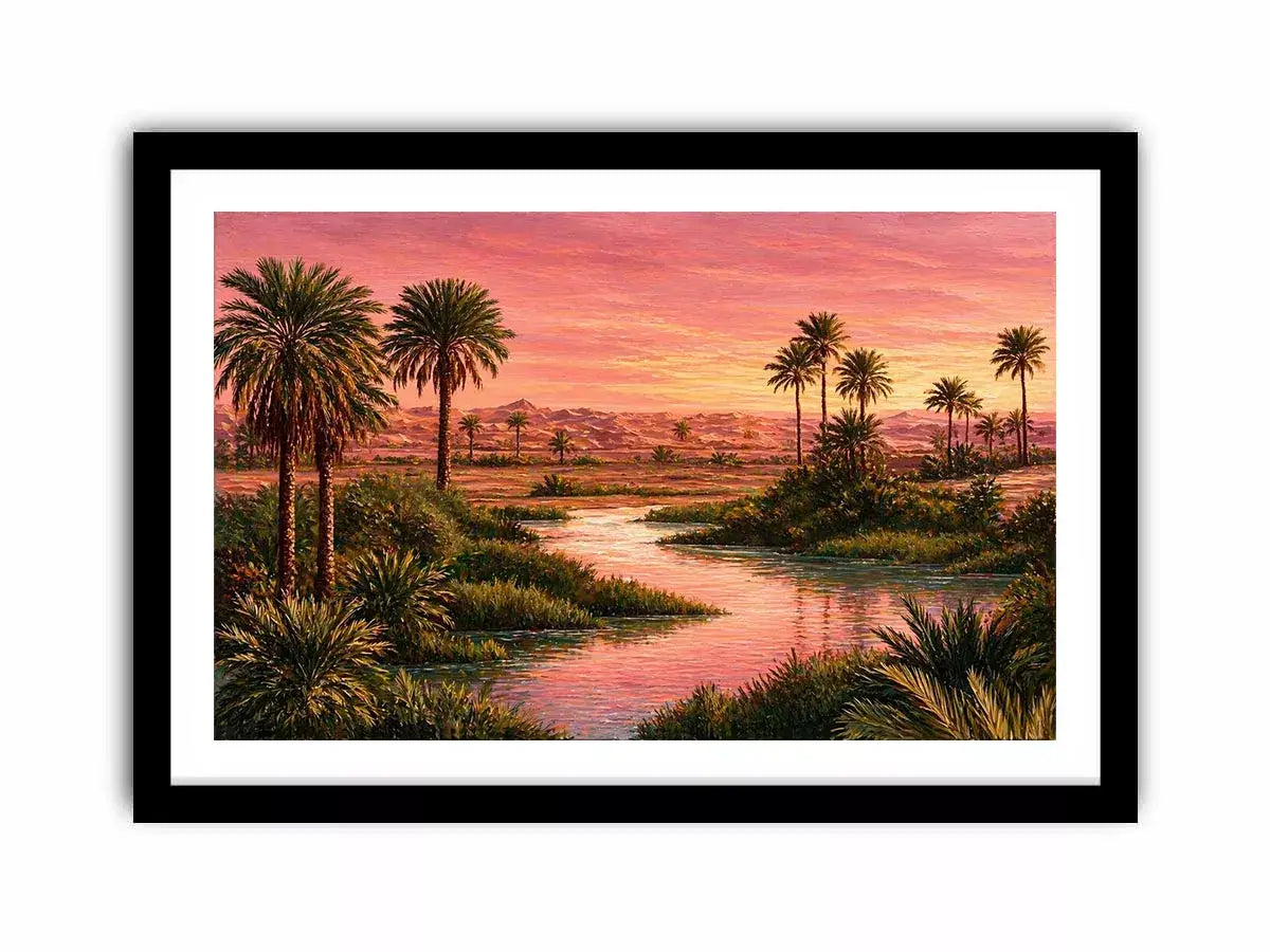 desert oasis sunset landscape with palm trees and water Canvas Print canvas