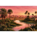 desert oasis sunset landscape with palm trees and water Canvas Print canvas