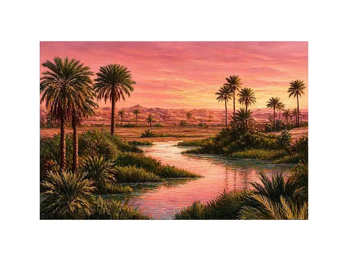 desert oasis sunset landscape with palm trees and water Canvas Print canvas