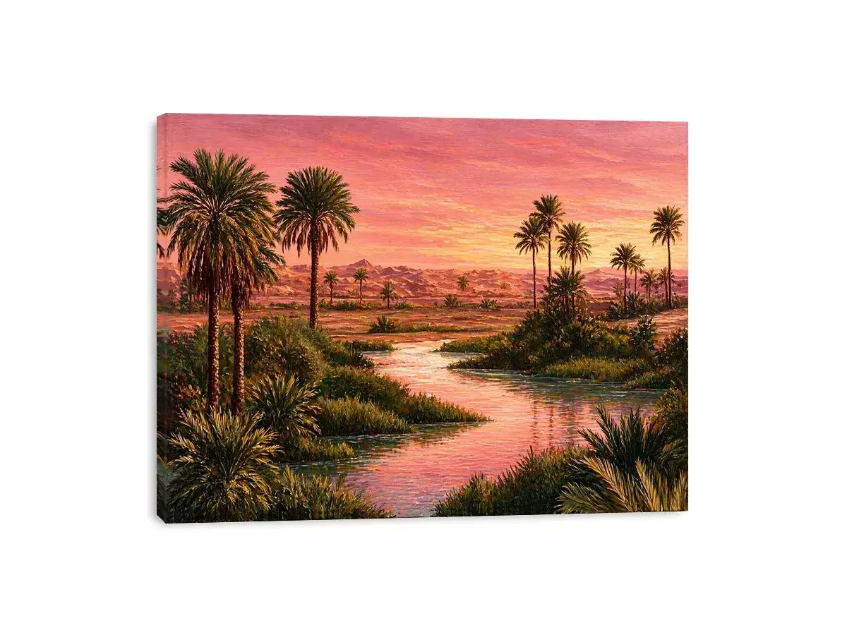 desert oasis sunset landscape with palm trees and water Canvas Print canvas