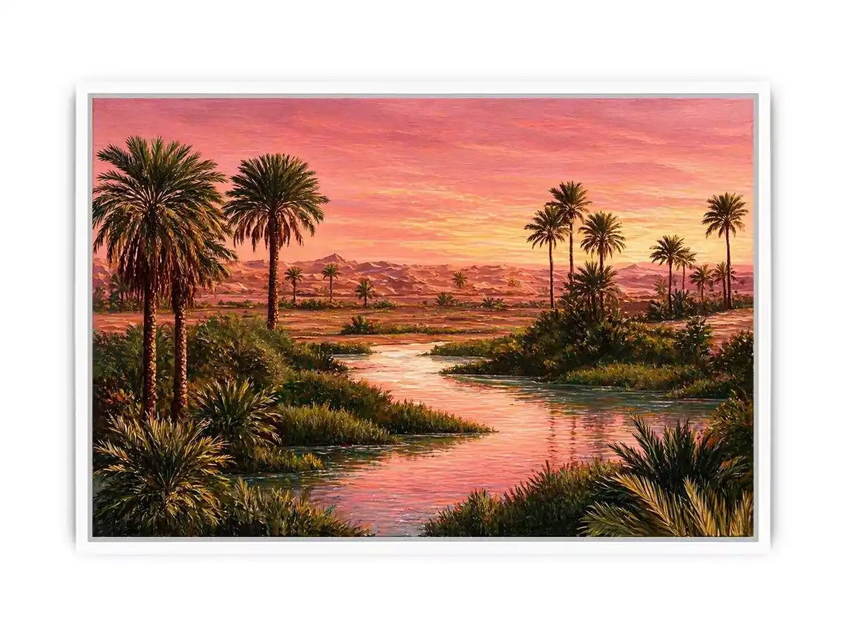 desert oasis sunset landscape with palm trees and water Canvas Print canvas
