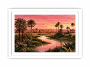 desert oasis sunset landscape with palm trees and water Canvas Print canvas