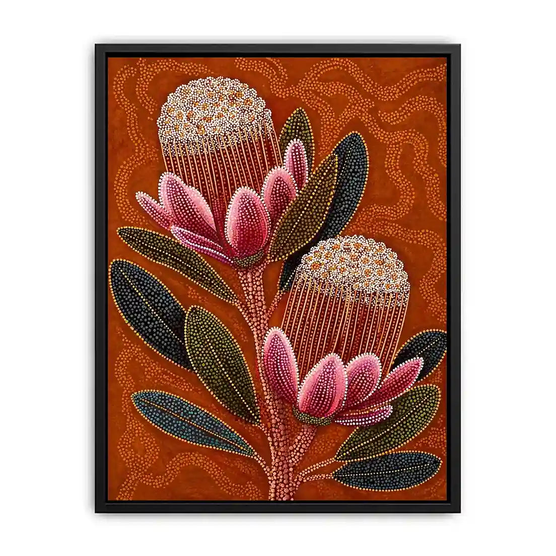 aboriginal dot art protea flower botanical wall art with earthy orange background