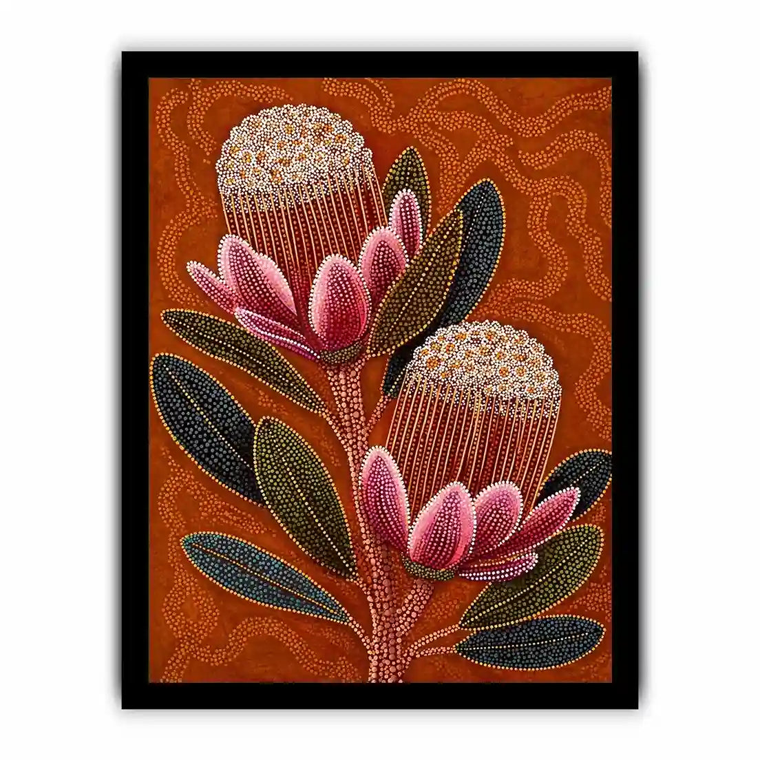 aboriginal dot art protea flower botanical wall art with earthy orange background