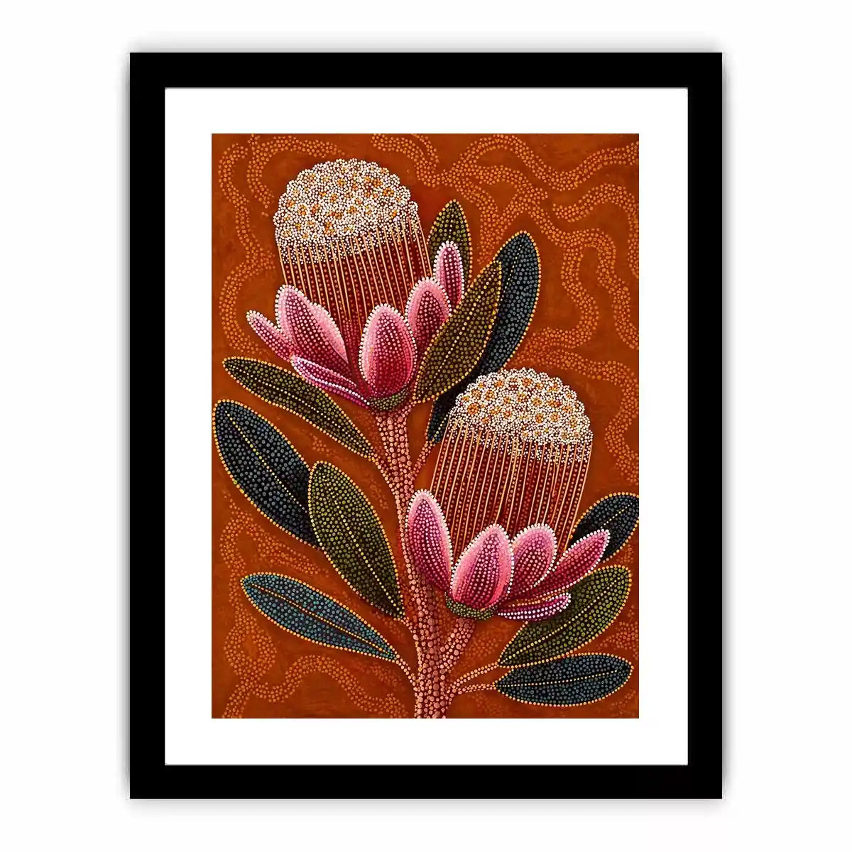 aboriginal dot art protea flower botanical Canvas Print with earthy orange background