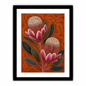 aboriginal dot art protea flower botanical Canvas Print with earthy orange background