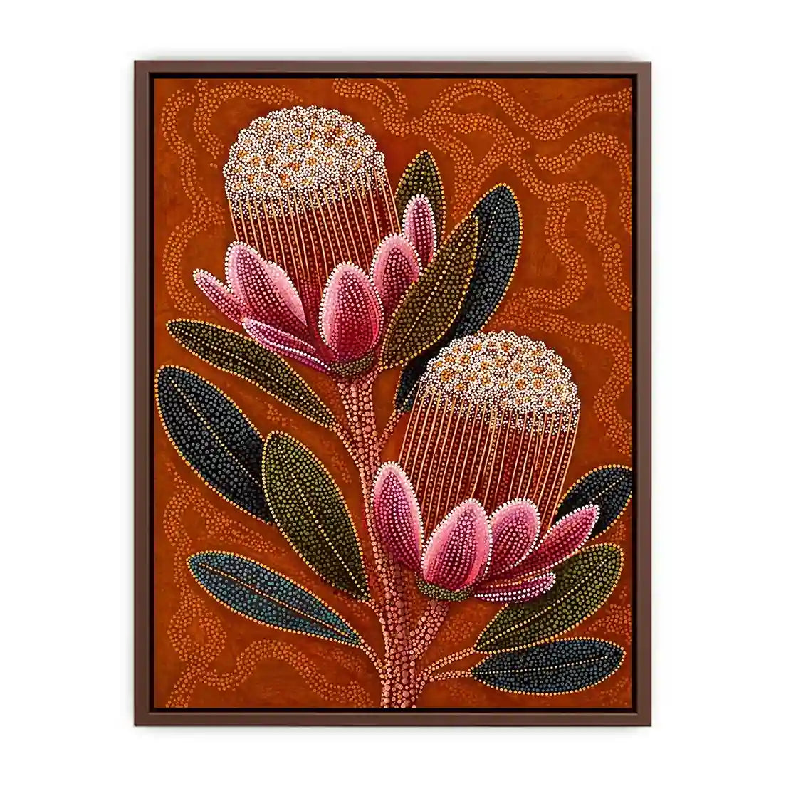 aboriginal dot art protea flower botanical Canvas Print with earthy orange background