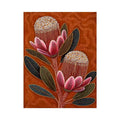 aboriginal dot art protea flower botanical wall art with earthy orange background
