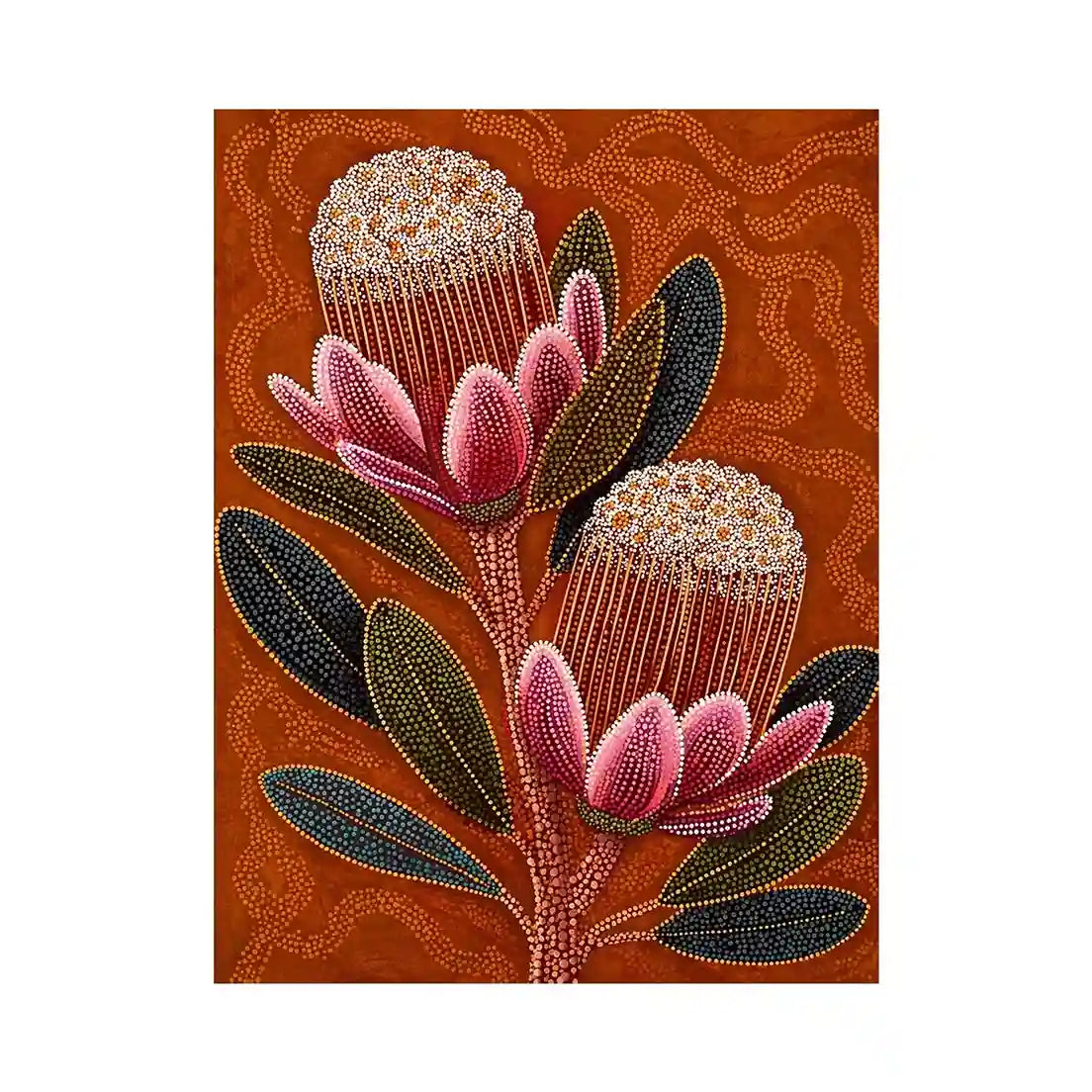 aboriginal dot art protea flower botanical Canvas Print with earthy orange background
