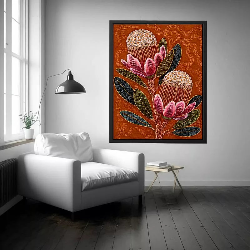 aboriginal dot art protea flower botanical Canvas Print with earthy orange background