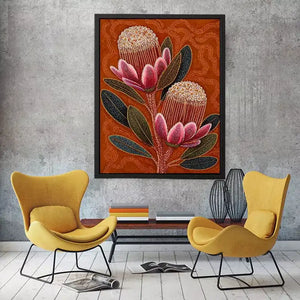 aboriginal dot art protea flower botanical Canvas Print with earthy orange background