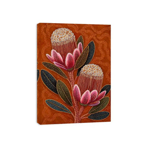 aboriginal dot art protea flower botanical Canvas Print with earthy orange background