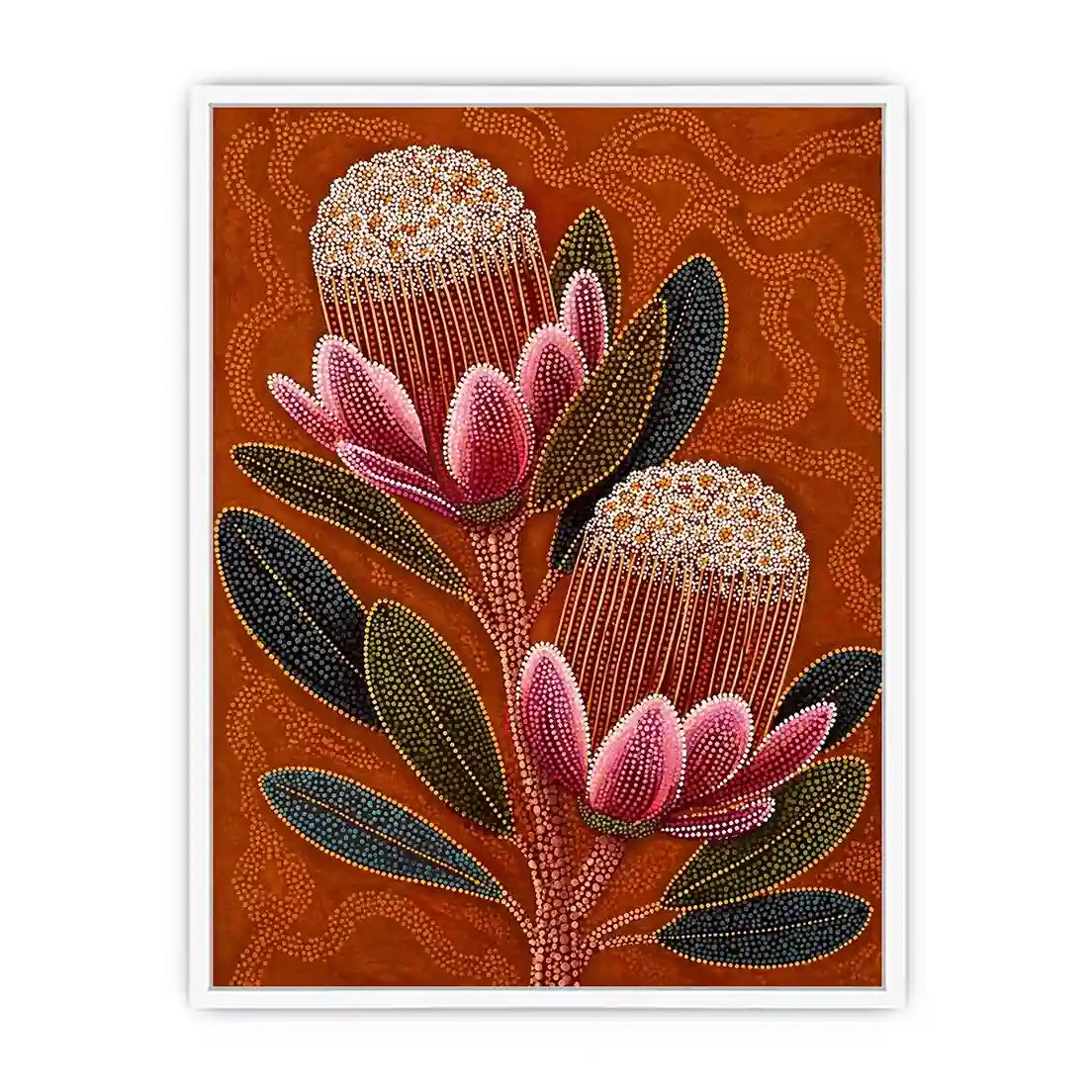 aboriginal dot art protea flower botanical Canvas Print with earthy orange background