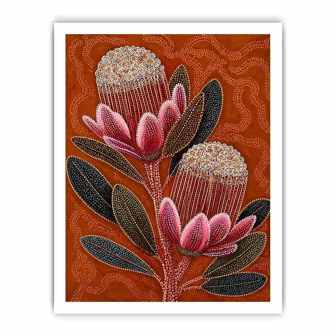 aboriginal dot art protea flower botanical Canvas Print with earthy orange background