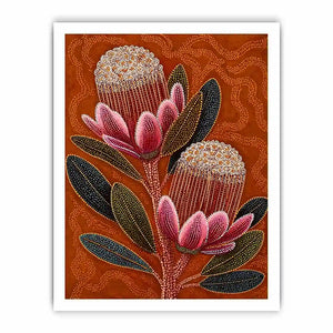 aboriginal dot art protea flower botanical Canvas Print with earthy orange background