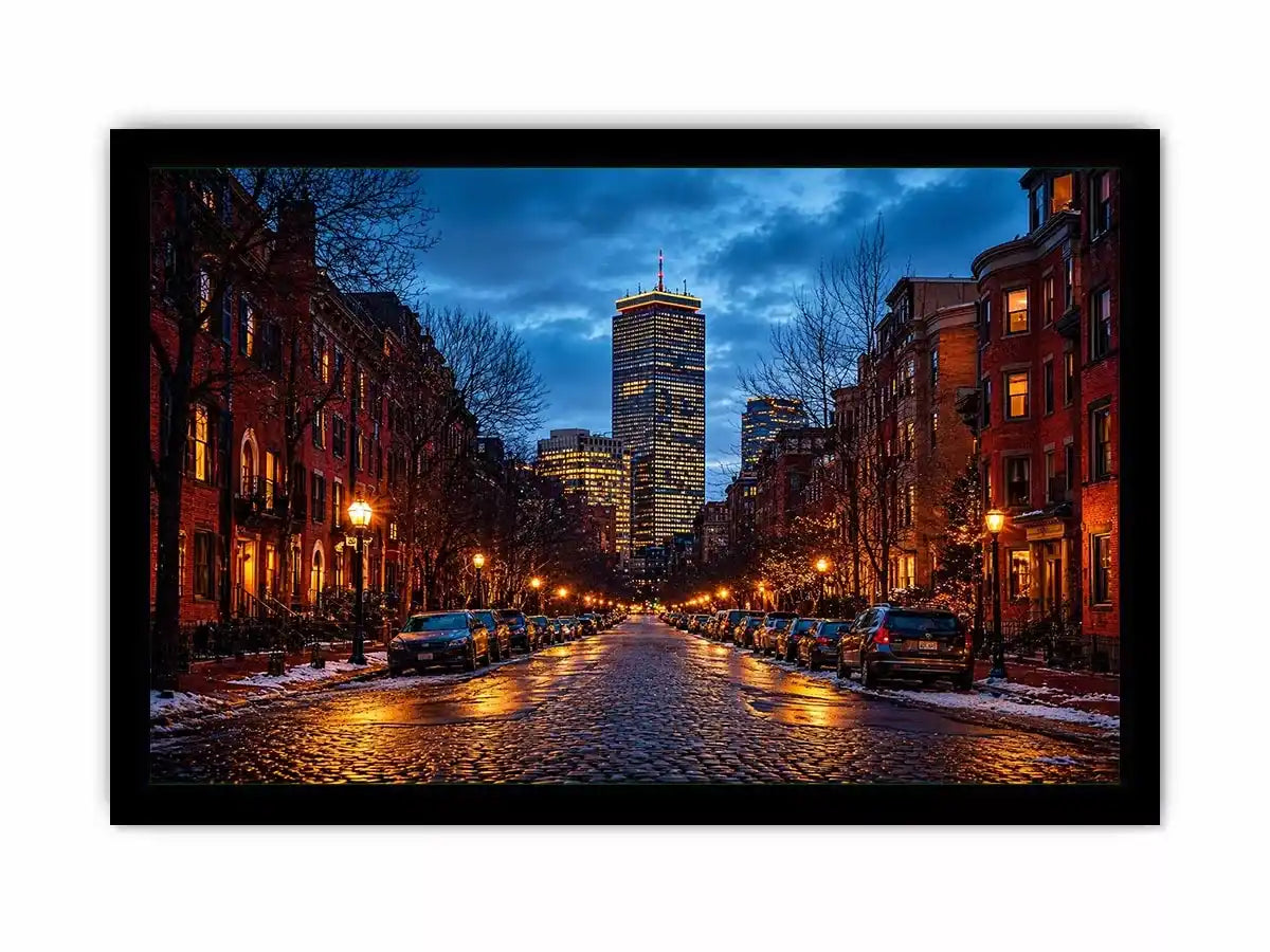 boston city street at night with lights and skyline Canvas Print canvas