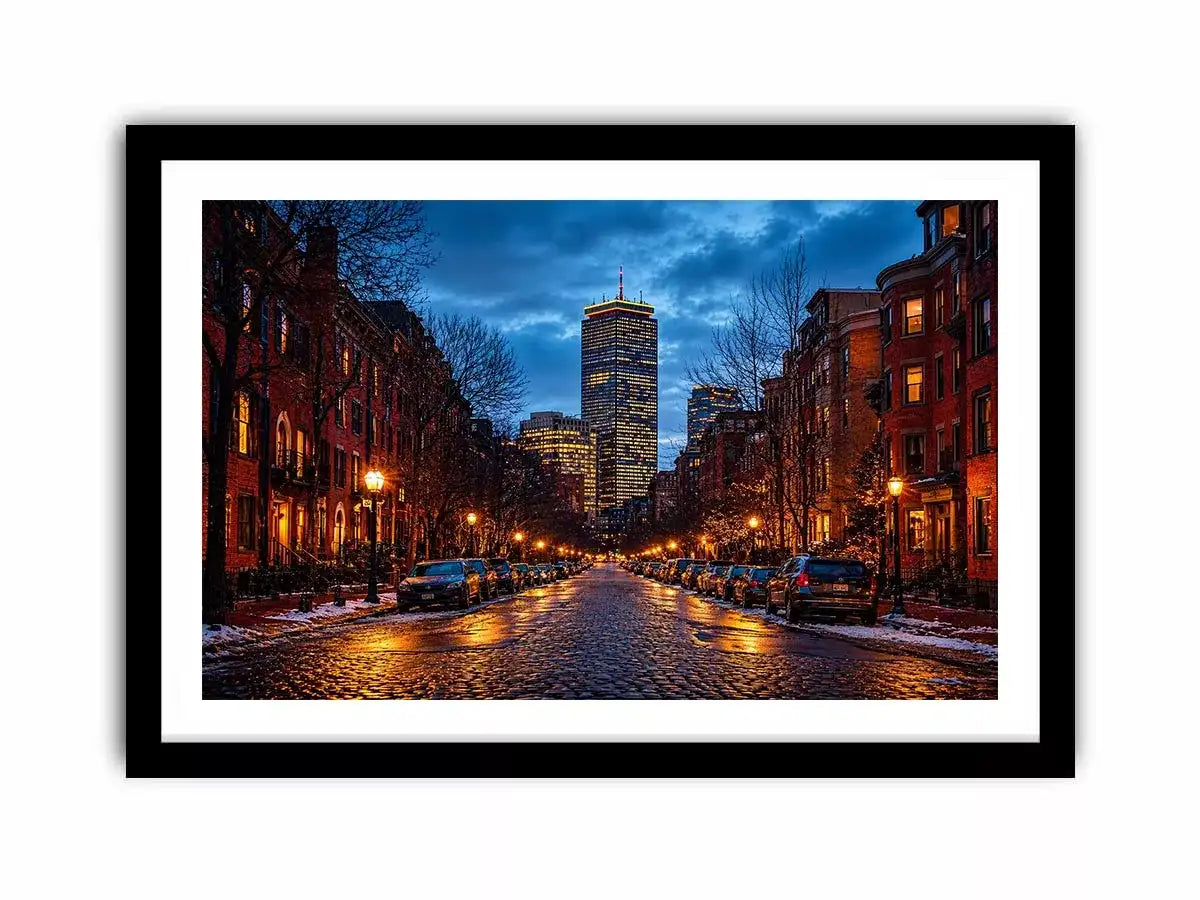 boston city street at night with lights and skyline Canvas Print canvas