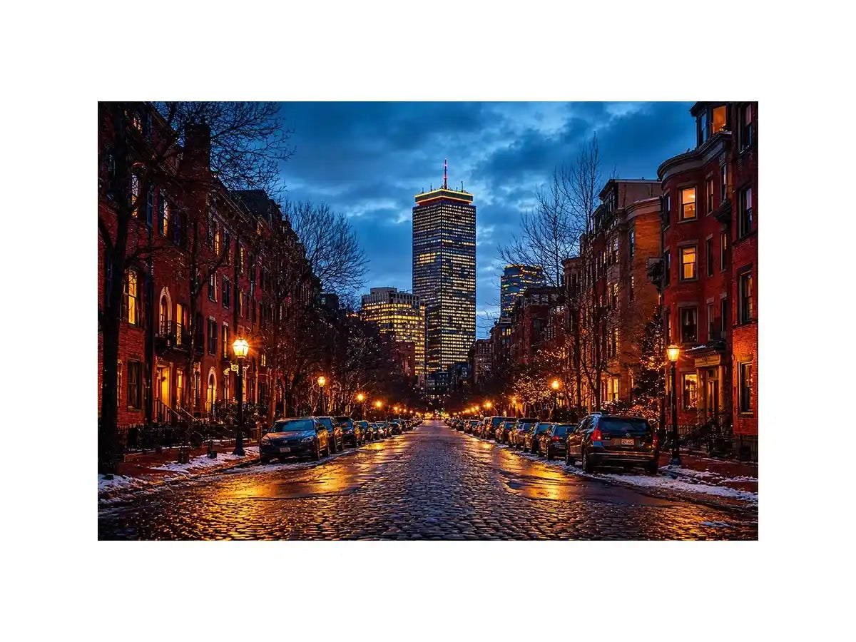 boston city street at night with lights and skyline Canvas Print canvas