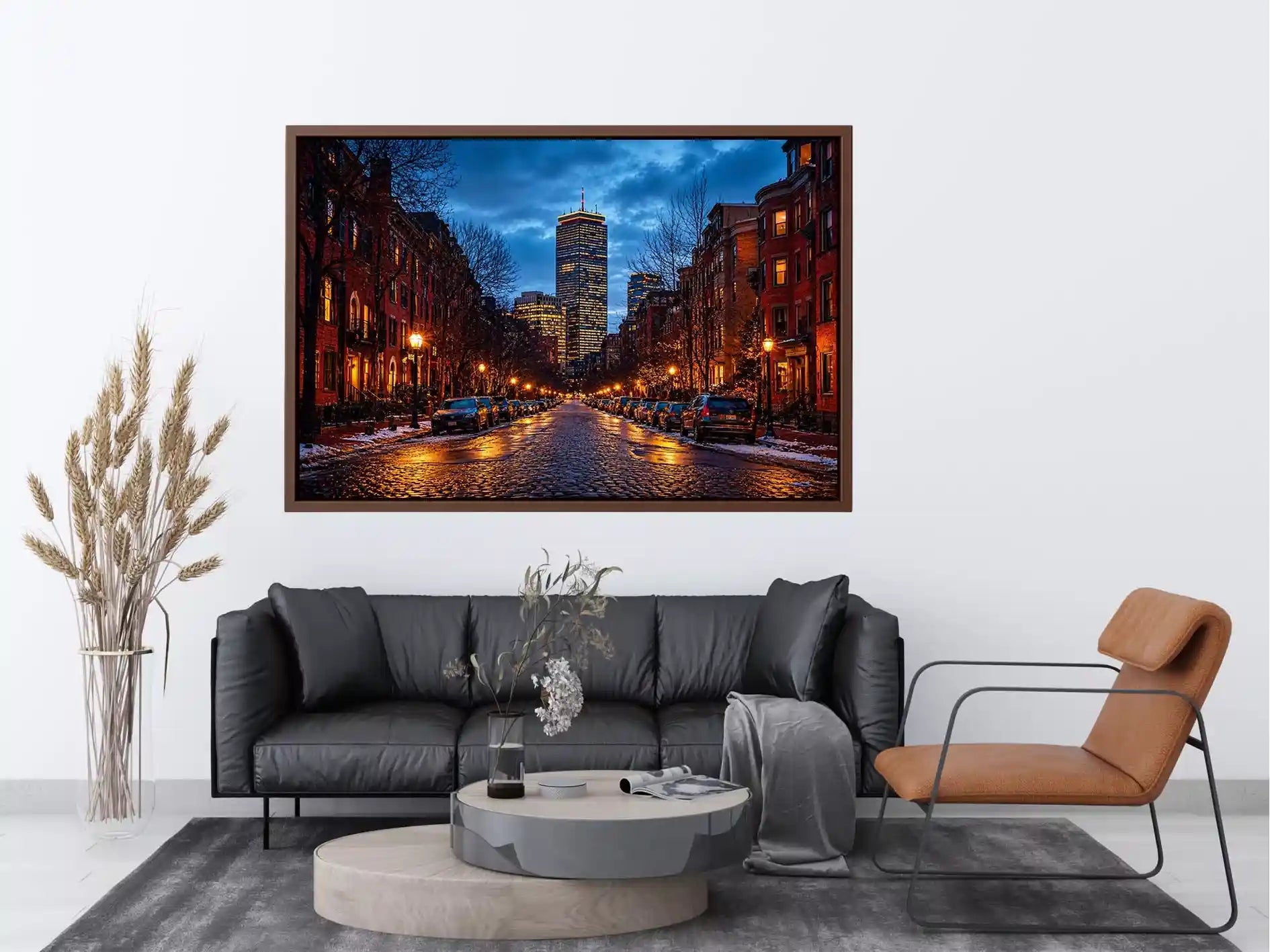 boston city street at night with lights and skyline Canvas Print canvas