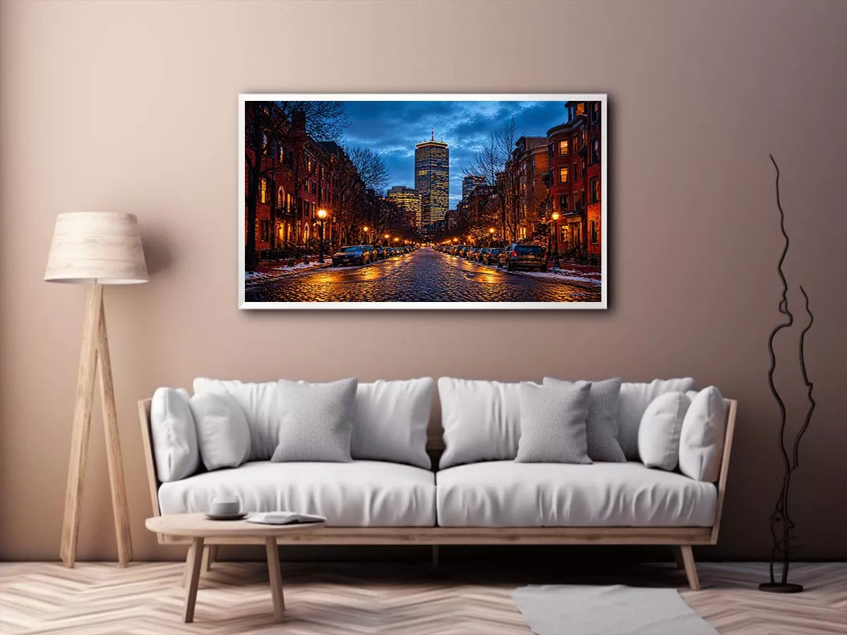 boston city street at night with lights and skyline Canvas Print canvas