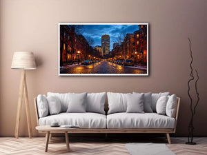 boston city street at night with lights and skyline Canvas Print canvas