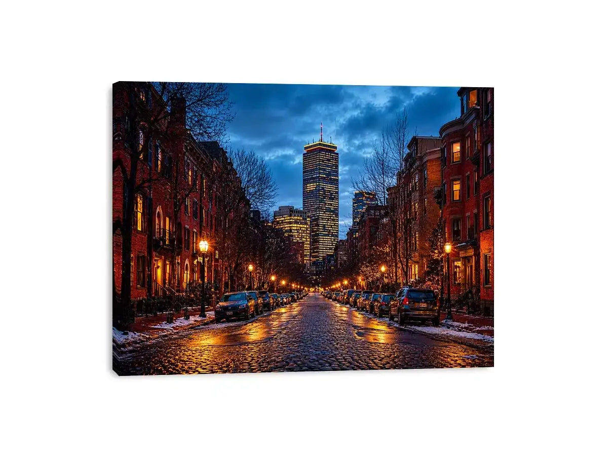 boston city street at night with lights and skyline Canvas Print canvas