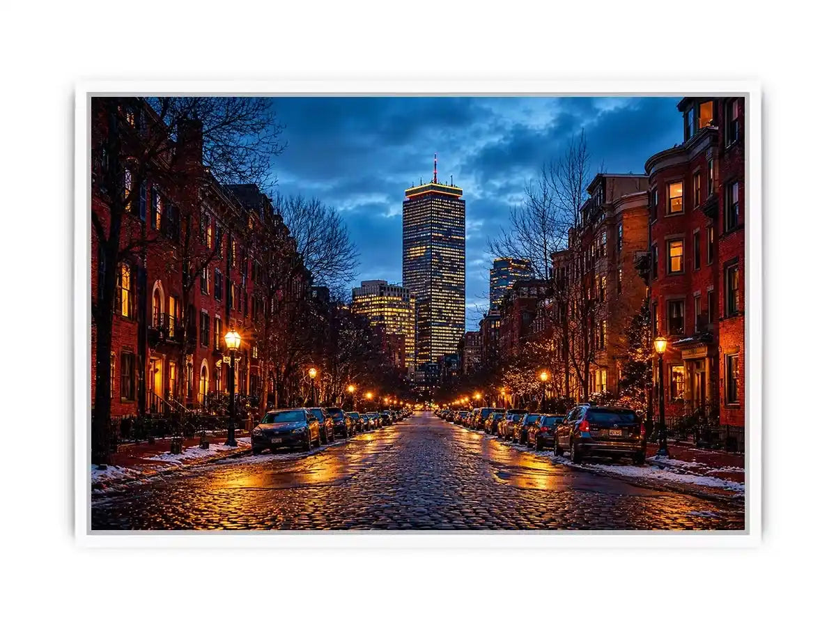 boston city street at night with lights and skyline Canvas Print canvas