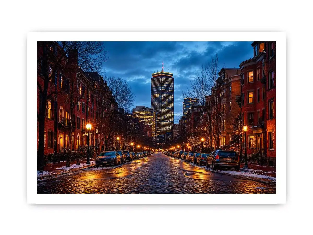 boston city street at night with lights and skyline Canvas Print canvas