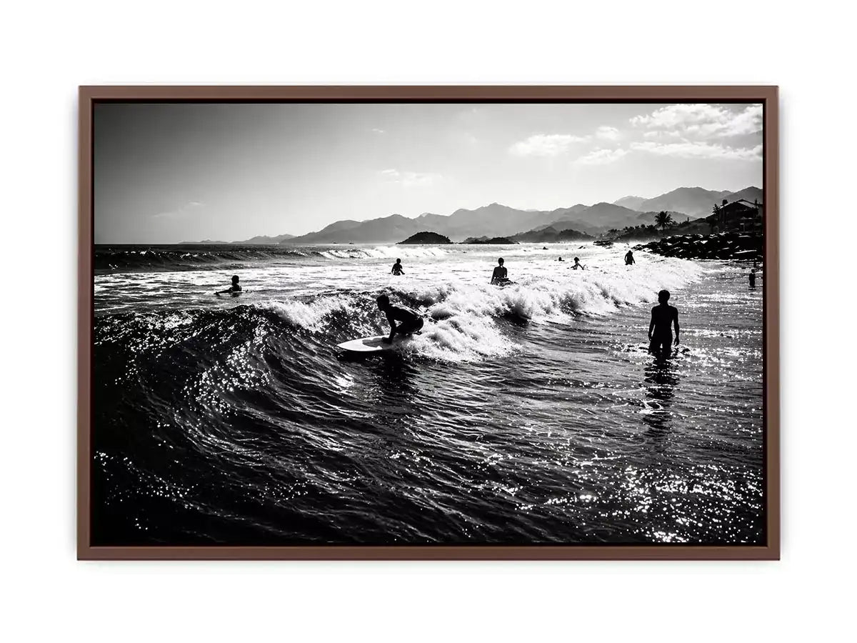 black and white surfing wave with surfers ocean Canvas Print canvas