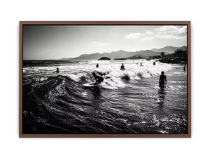 black and white surfing wave with surfers ocean Canvas Print canvas