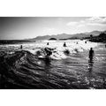 black and white surfing wave with surfers ocean Canvas Print canvas