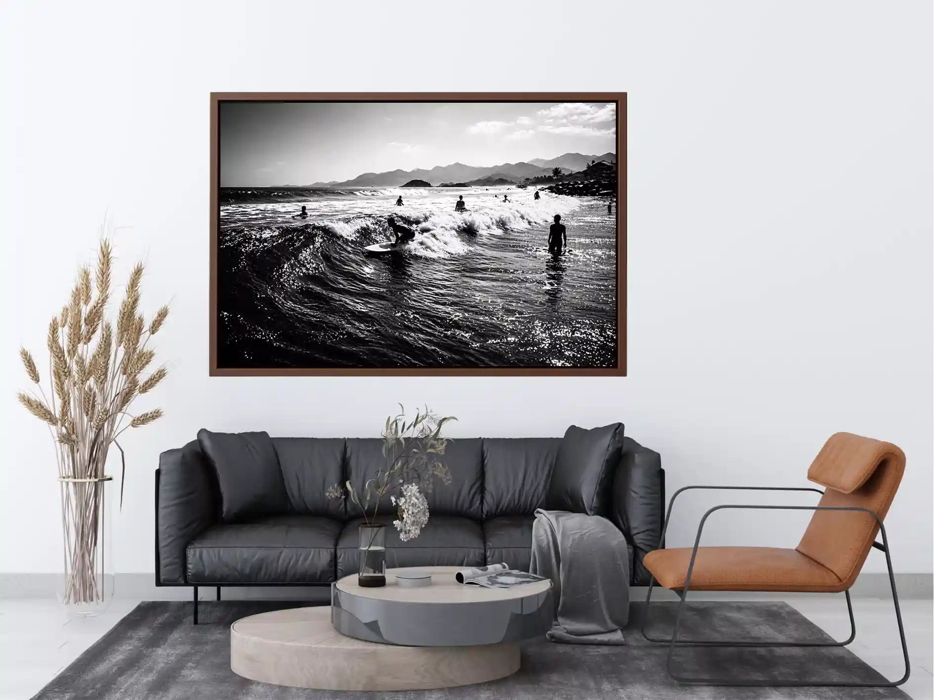 black and white surfing wave with surfers ocean Canvas Print canvas