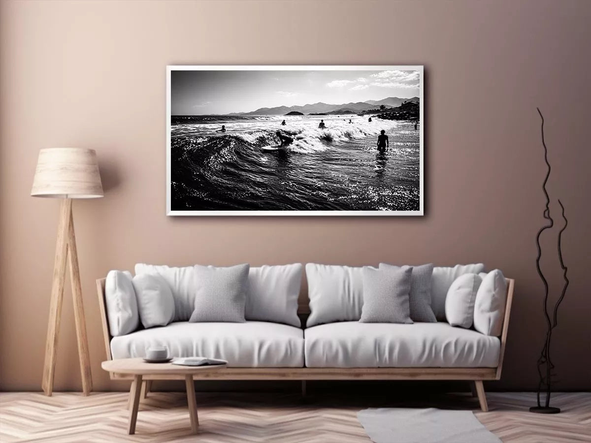 black and white surfing wave with surfers ocean Canvas Print canvas