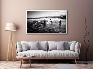 black and white surfing wave with surfers ocean Canvas Print canvas