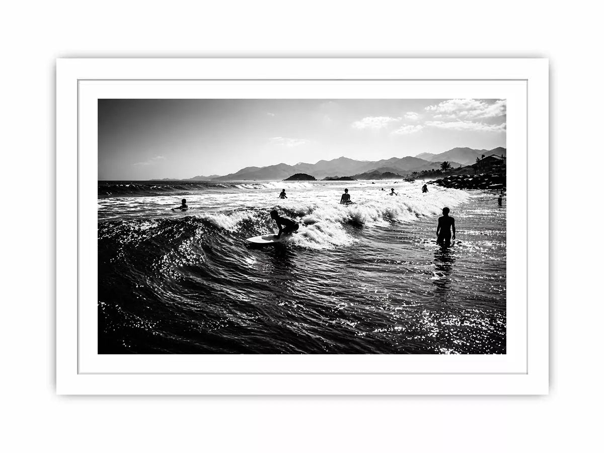 black and white surfing wave with surfers ocean Canvas Print canvas