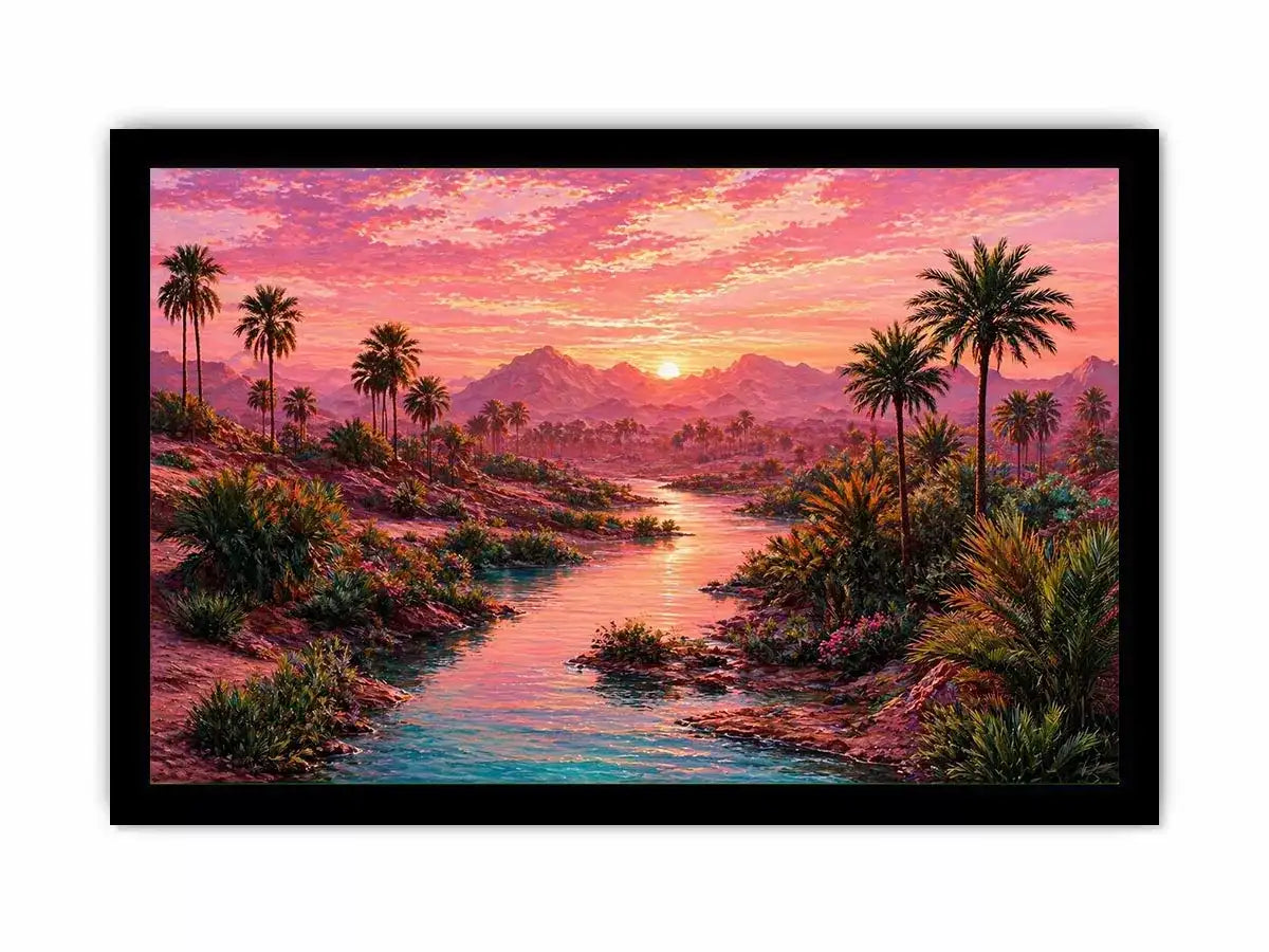 desert oasis landscape with pink sunset sky and palm trees Canvas Print canvas