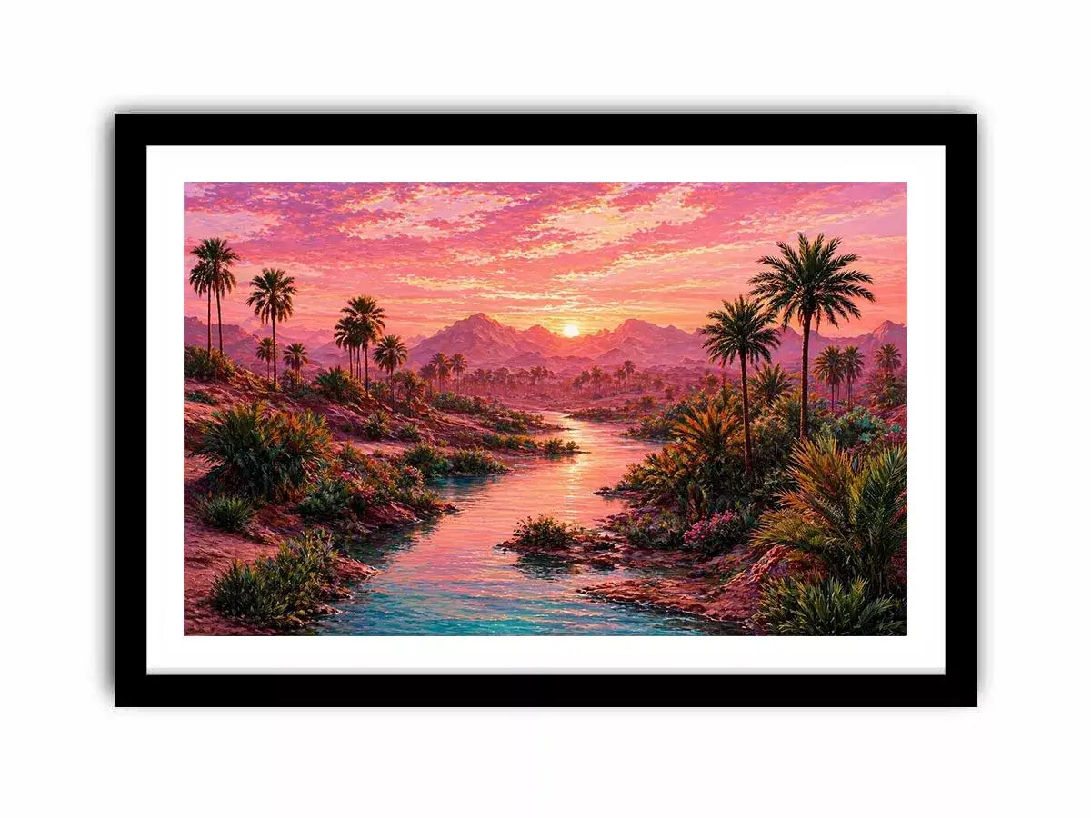 desert oasis landscape with pink sunset sky and palm trees Canvas Print canvas
