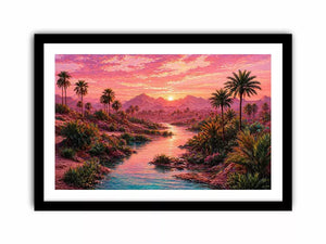 desert oasis landscape with pink sunset sky and palm trees Canvas Print canvas