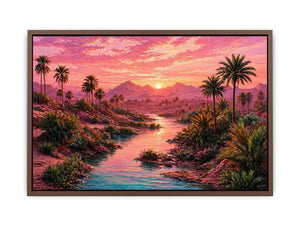 desert oasis landscape with pink sunset sky and palm trees Canvas Print canvas