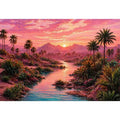 desert oasis landscape with pink sunset sky and palm trees Canvas Print canvas