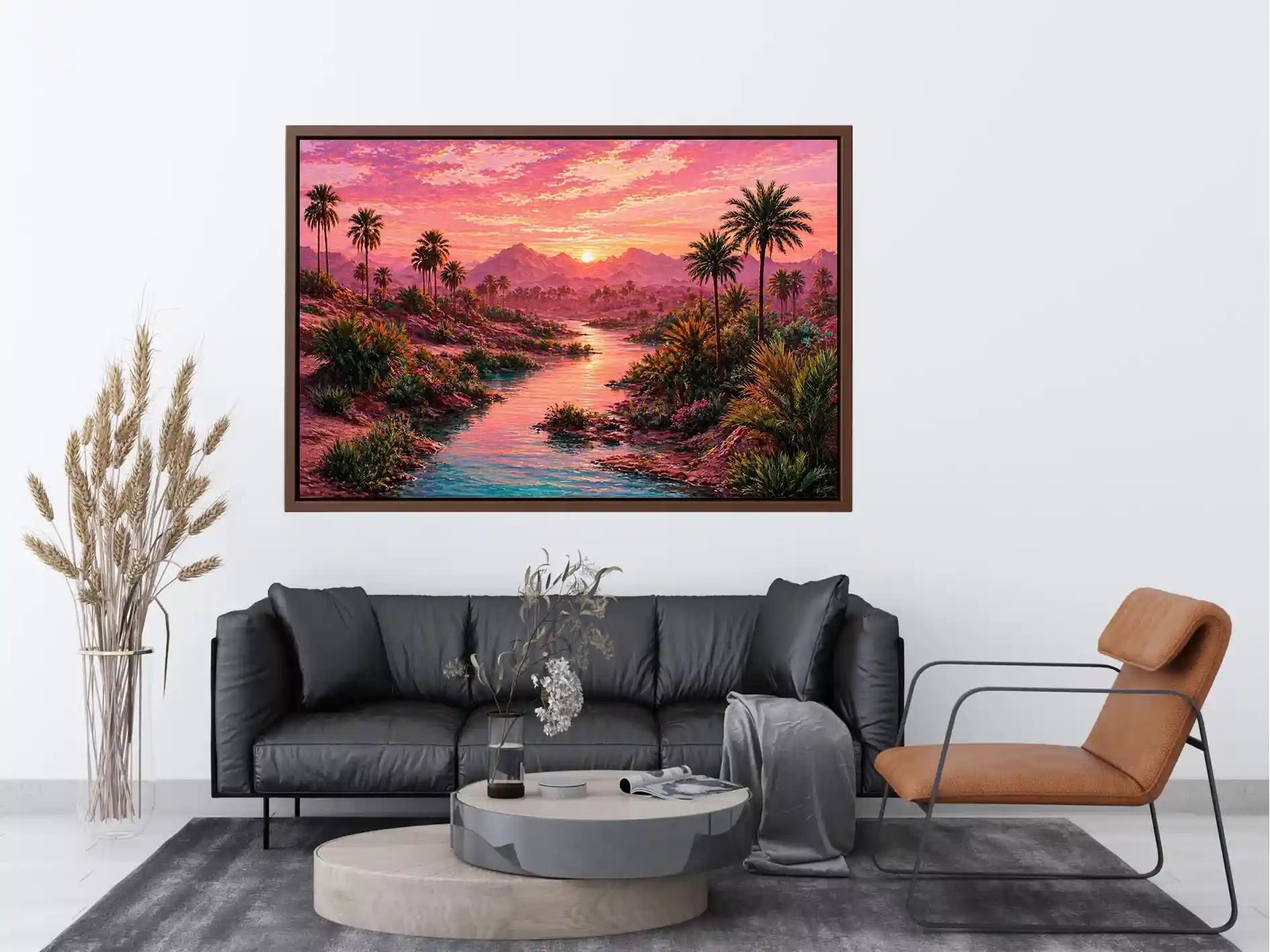 desert oasis landscape with pink sunset sky and palm trees Canvas Print canvas