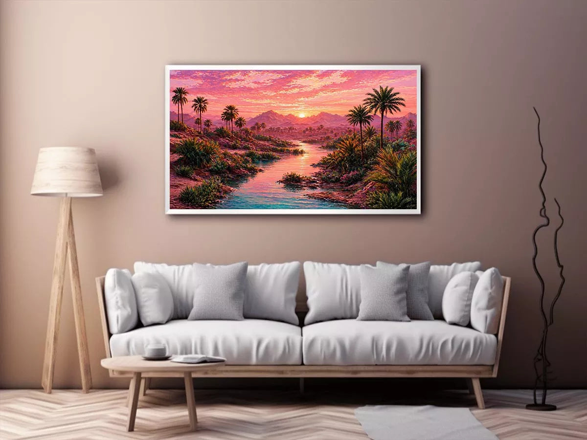 desert oasis landscape with pink sunset sky and palm trees Canvas Print canvas