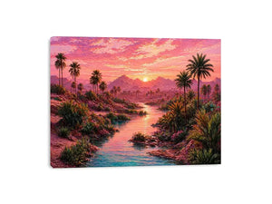 desert oasis landscape with pink sunset sky and palm trees Canvas Print canvas