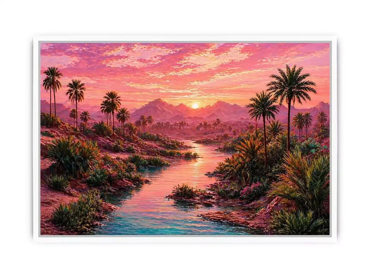desert oasis landscape with pink sunset sky and palm trees Canvas Print canvas