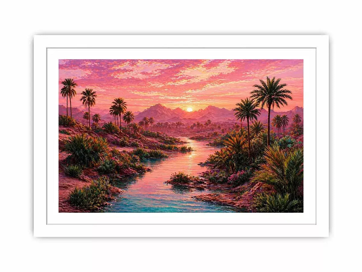 desert oasis landscape with pink sunset sky and palm trees Canvas Print canvas
